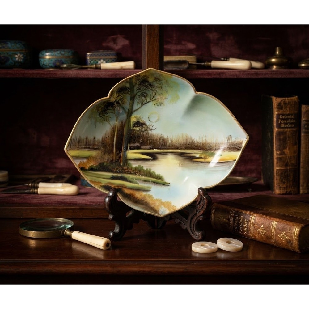 Antique Nippon Hand Painted Porcelain Trinket Dish Landscape Gold Trim 1911